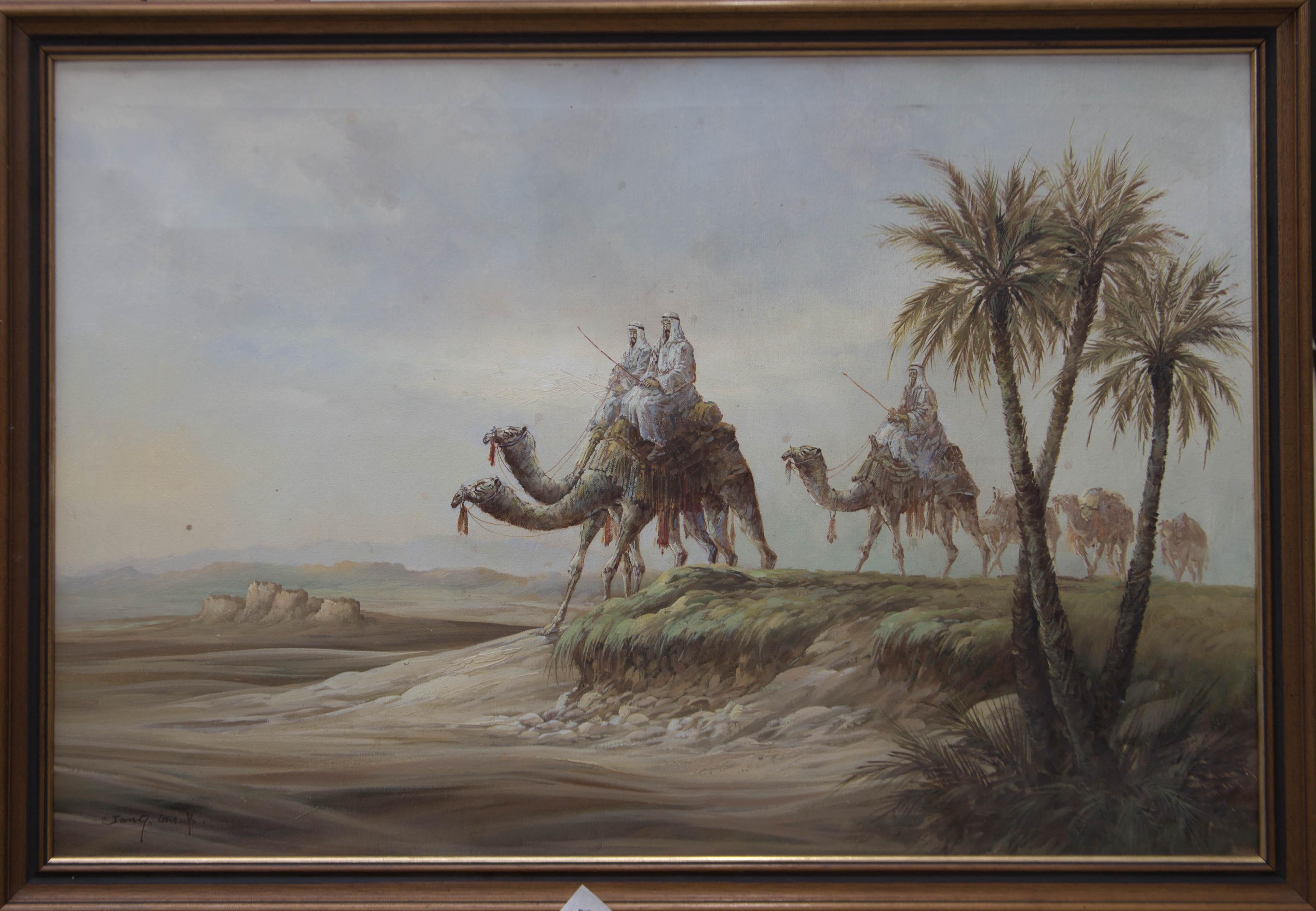Unknown Landscape Painting - 20th Century Acrylic - Camel Train
