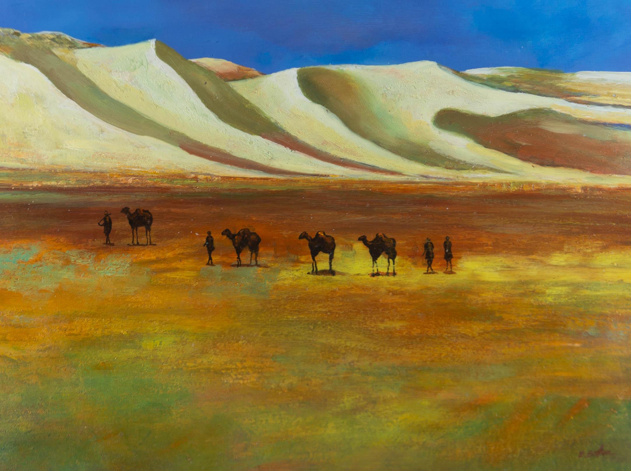 20th Century Acrylic - Desert Landscape with Camels - Painting by Unknown