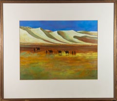 Acrylique du XXe siècle - Paysage du désert avec camels