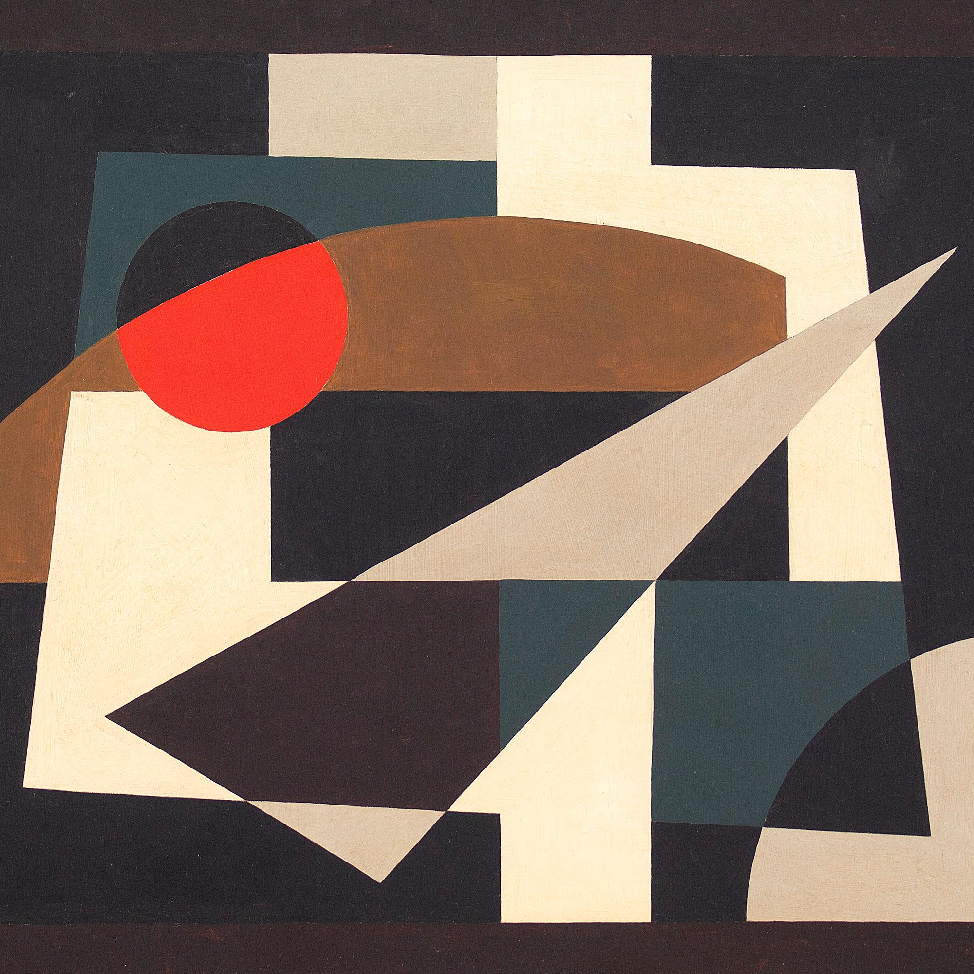This stylish mid-20th-century geometric composition depicts a seated man reading within an interior. It dates to circa 1960 and has its roots in early 20th-century modernism.

Housed within its original frame.
