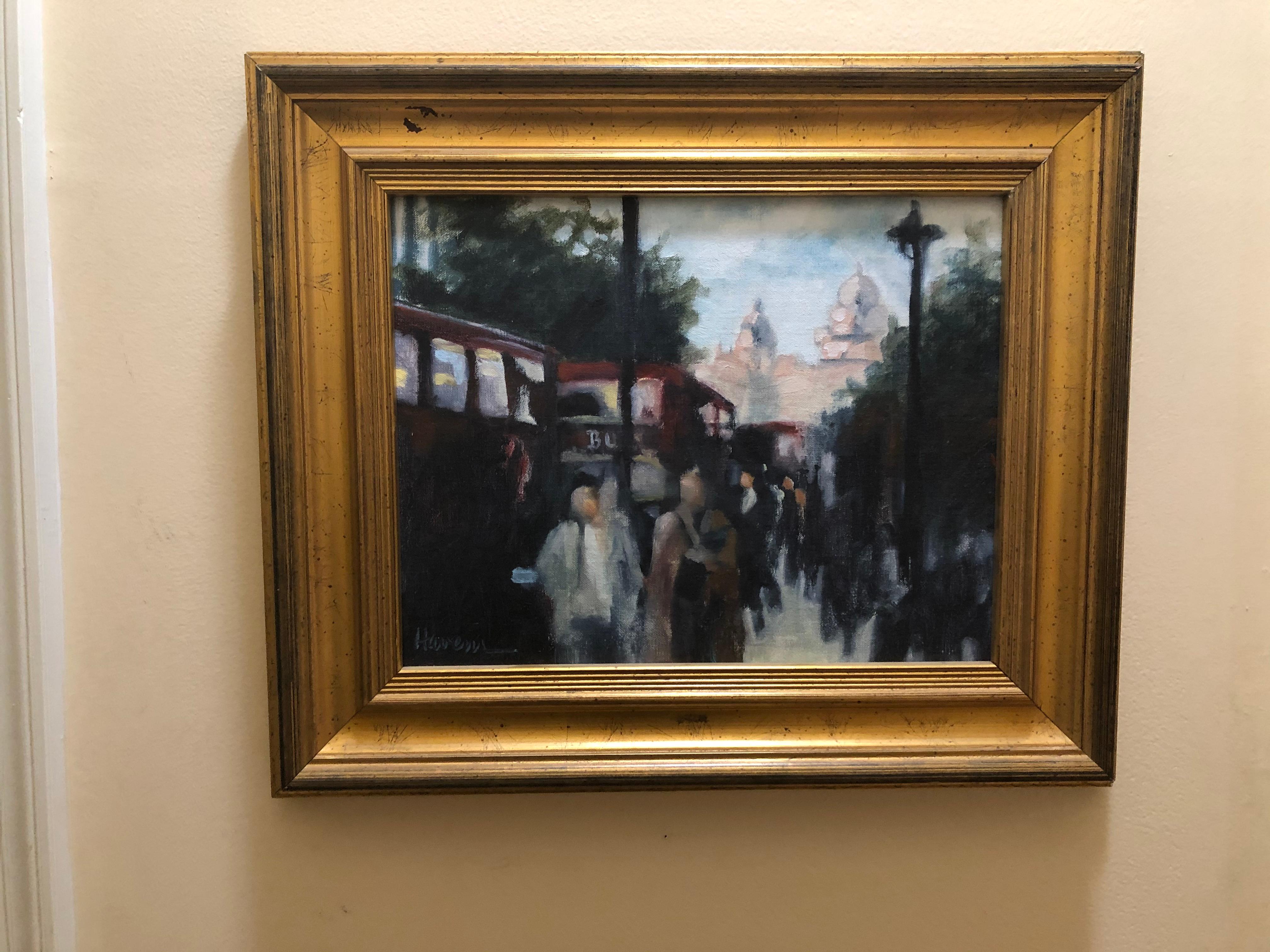 Bit of a mystery painting here. Nicely painted busy street English street scene, People and doubledecker buses moving along. It is signed, possibly Harem? It is an oil on board measuring 14 inches wide by 11 high. Frame is 20 inches by 17.