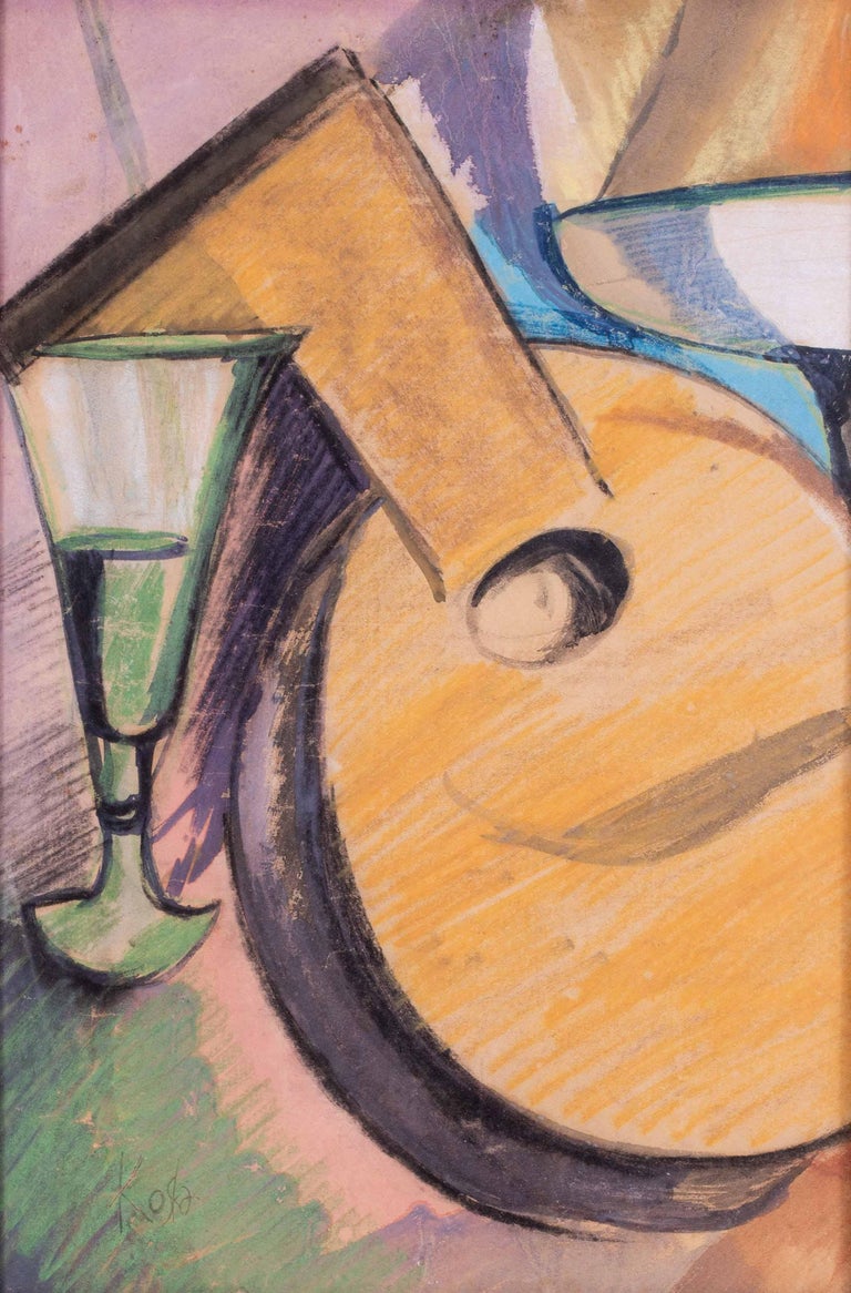 20th Century Continental school still life painting of a mandolin and glass - Painting by Unknown