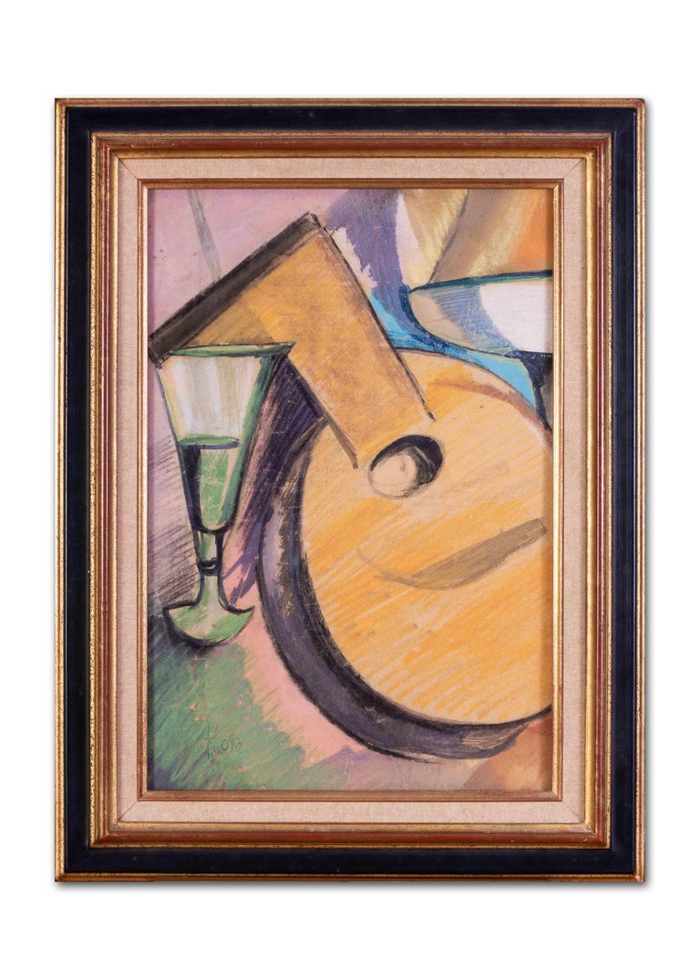 20th Century Continental school still life painting of a mandolin and glass For Sale 2
