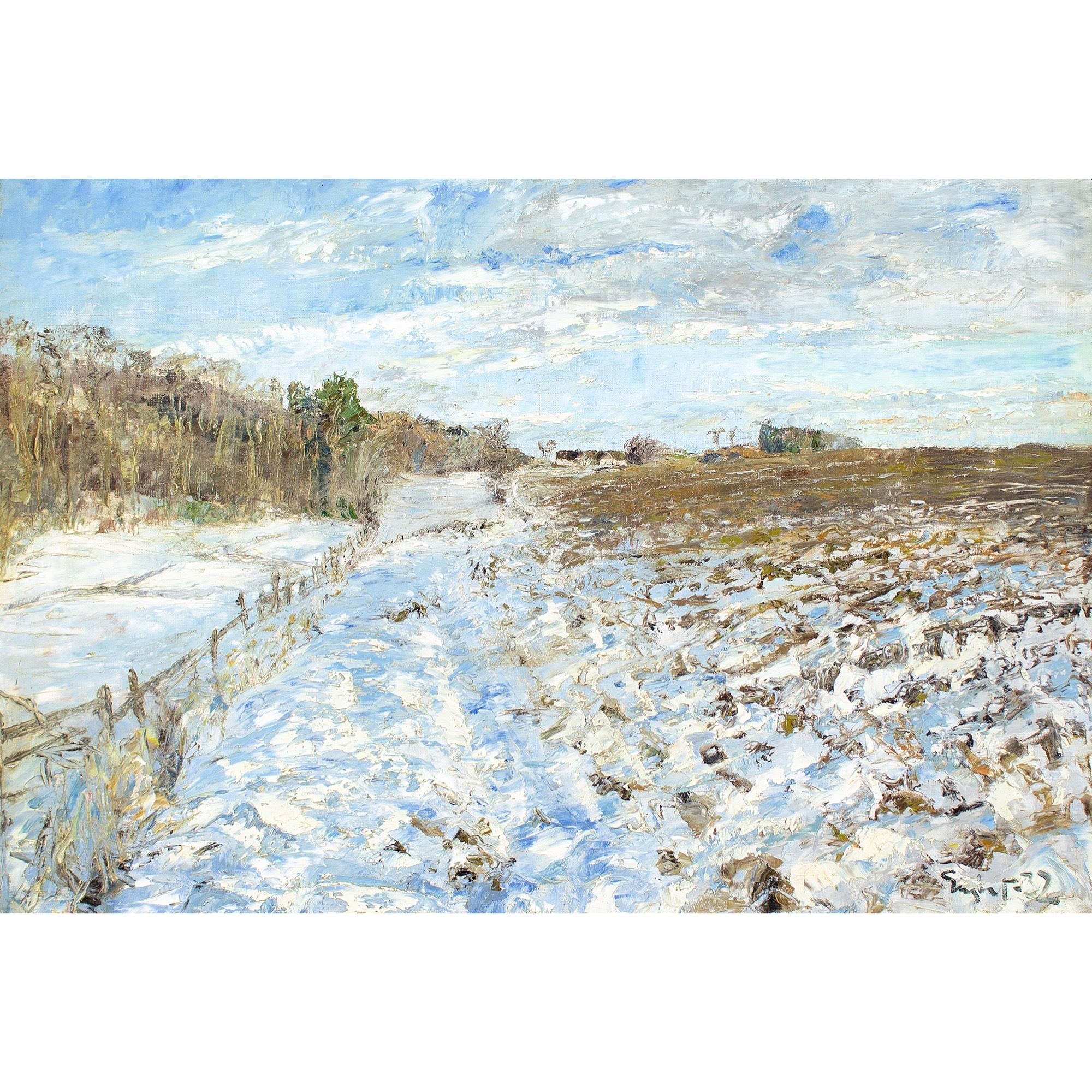 This impressionistic early 20th-century Danish oil painting depicts a snow-covered landscape with track.

The dazzling effects of light hitting snow rendered by an experienced hand. When boots sink through into muddy earth and punctuate a blanket of