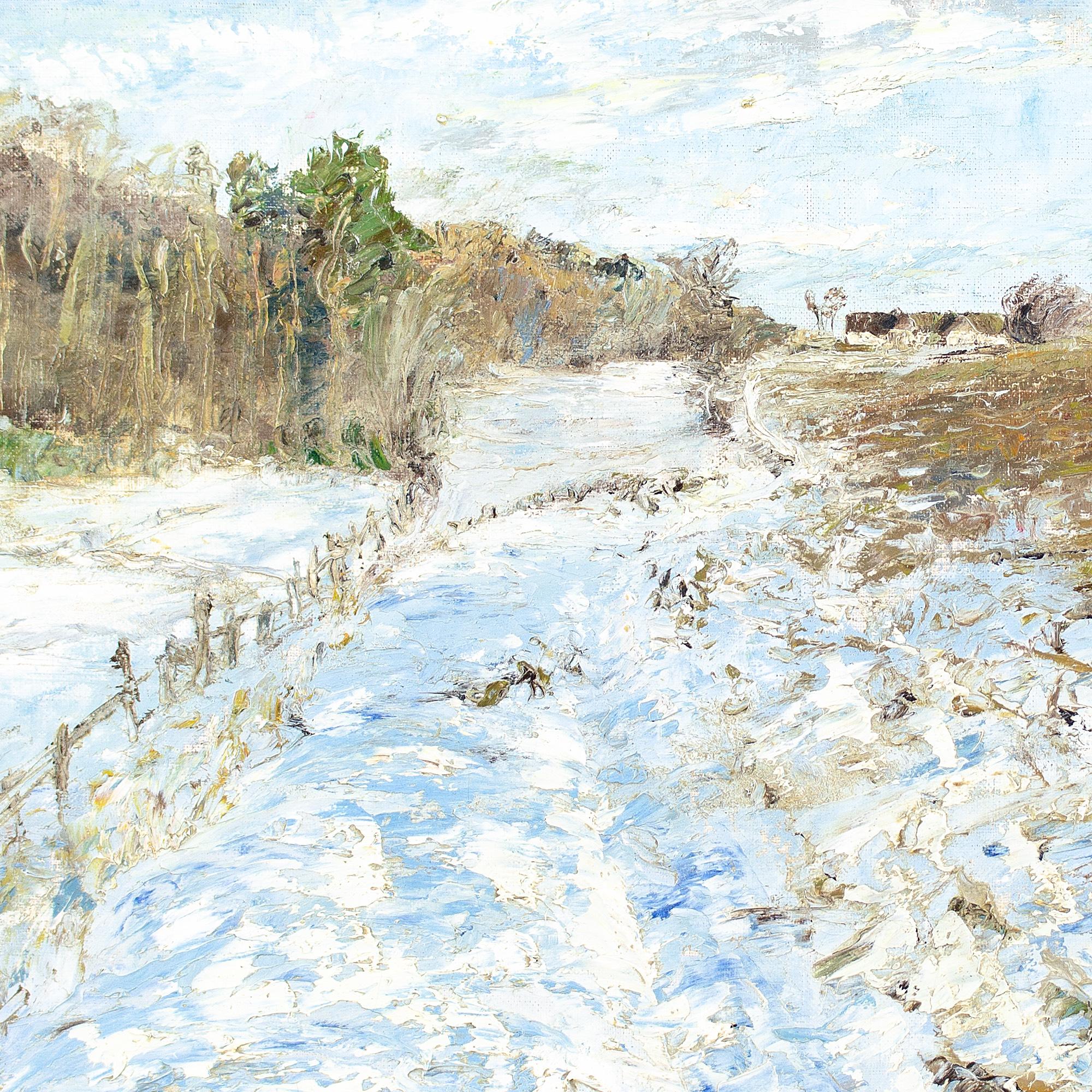 Scuola danese del XX secolo, Paesaggio innevato con binari, Pittura a olio 1