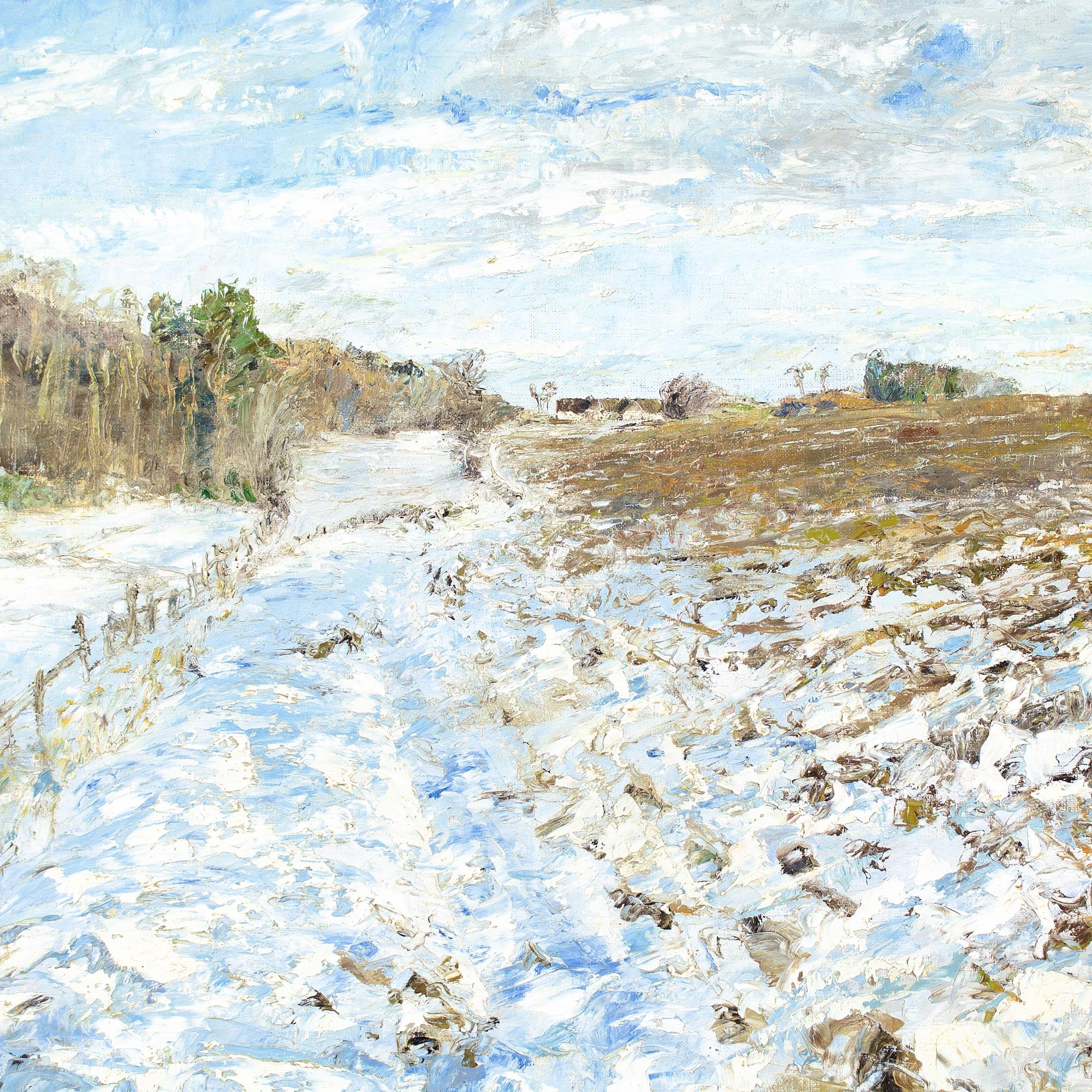 Scuola danese del XX secolo, Paesaggio innevato con binari, Pittura a olio 4