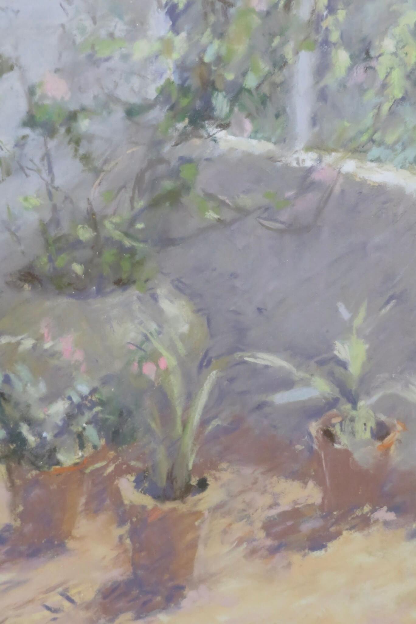 20th Century English School original pastel TERRACOTTA POT PLANTS IN SUNLIGHT - Painting by Unknown