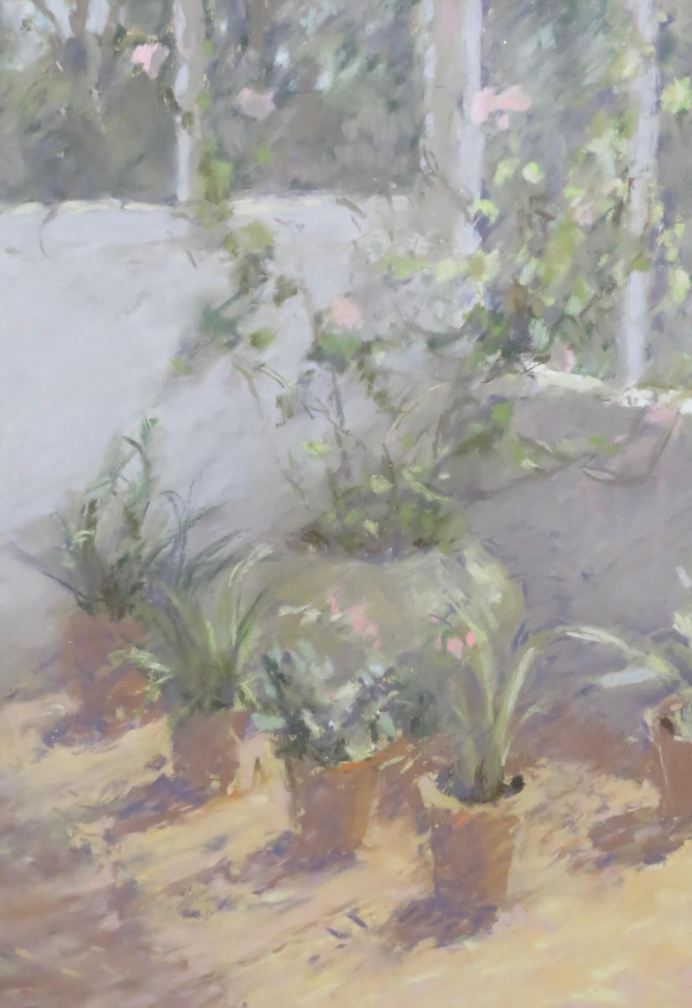 20th Century English School original pastel TERRACOTTA POT PLANTS IN SUNLIGHT - Post-Impressionist Painting by Unknown