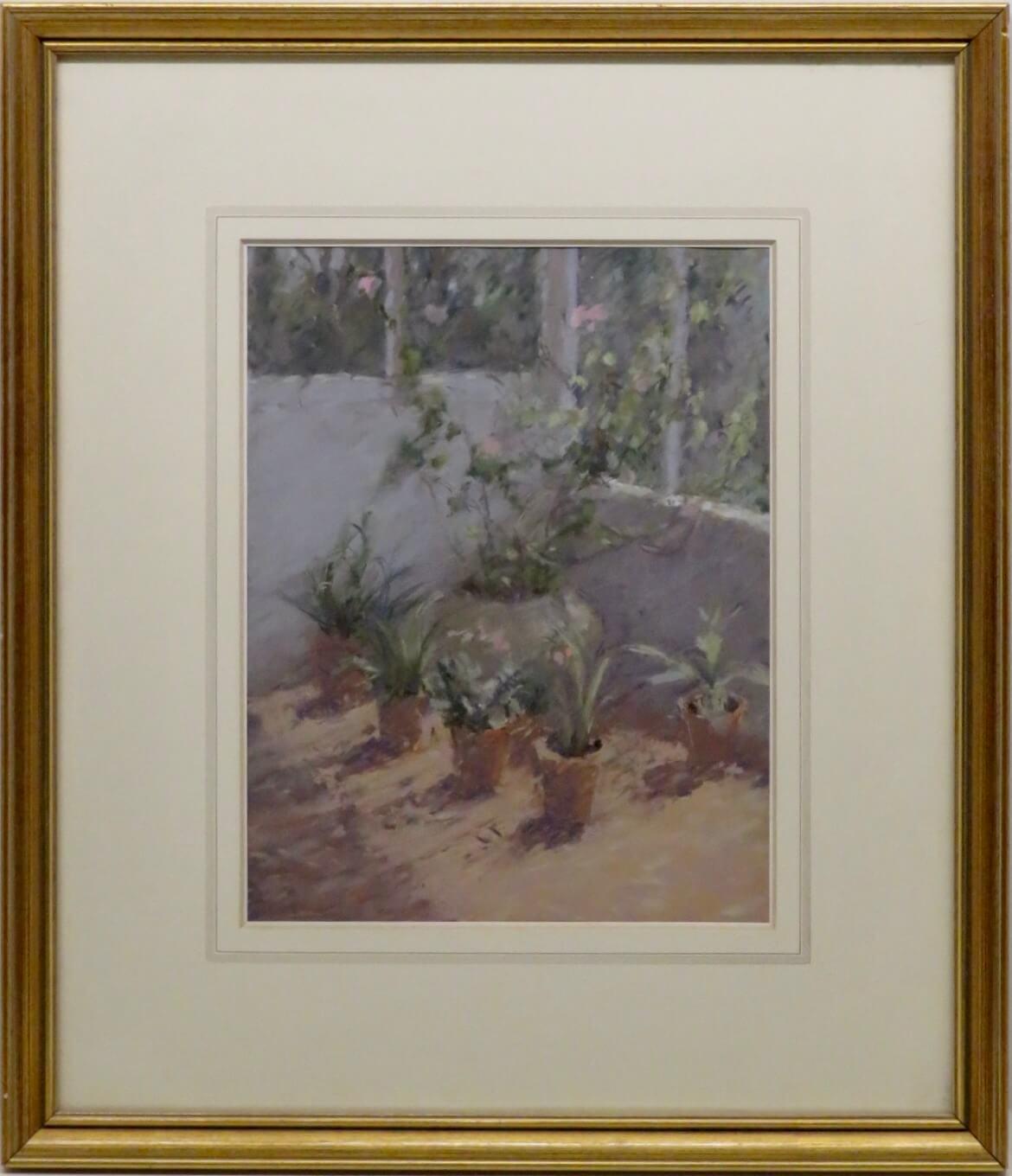 Unknown Still-Life Painting - 20th Century English School original pastel TERRACOTTA POT PLANTS IN SUNLIGHT