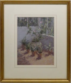20th Century English School pastel original TERRACOTTA POT PLANTS IN SUNLIGHT