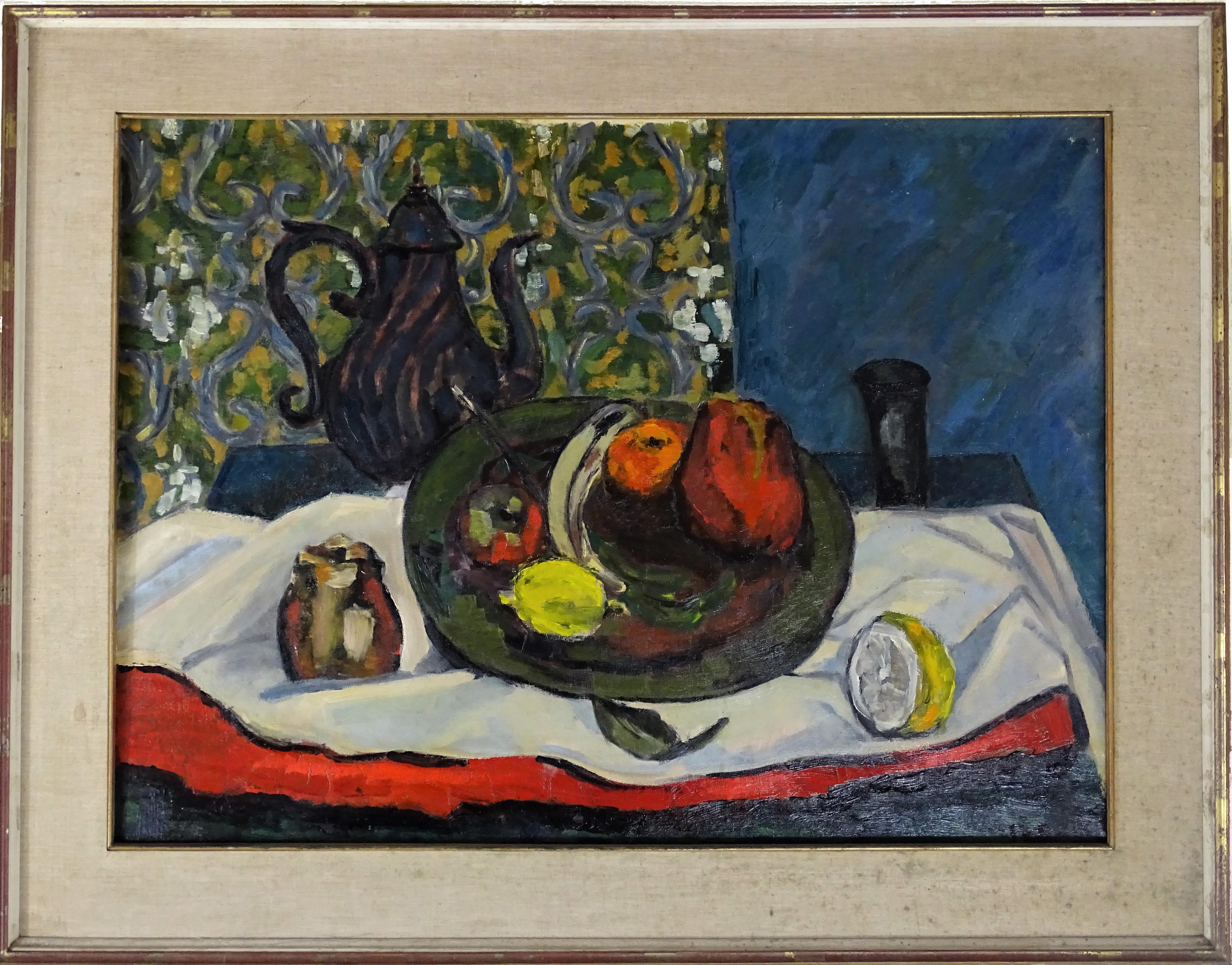 20th Century Fauves Style French School Still Life Oil on Canvas Red Yellow Blue - Black Still-Life Painting by Unknown