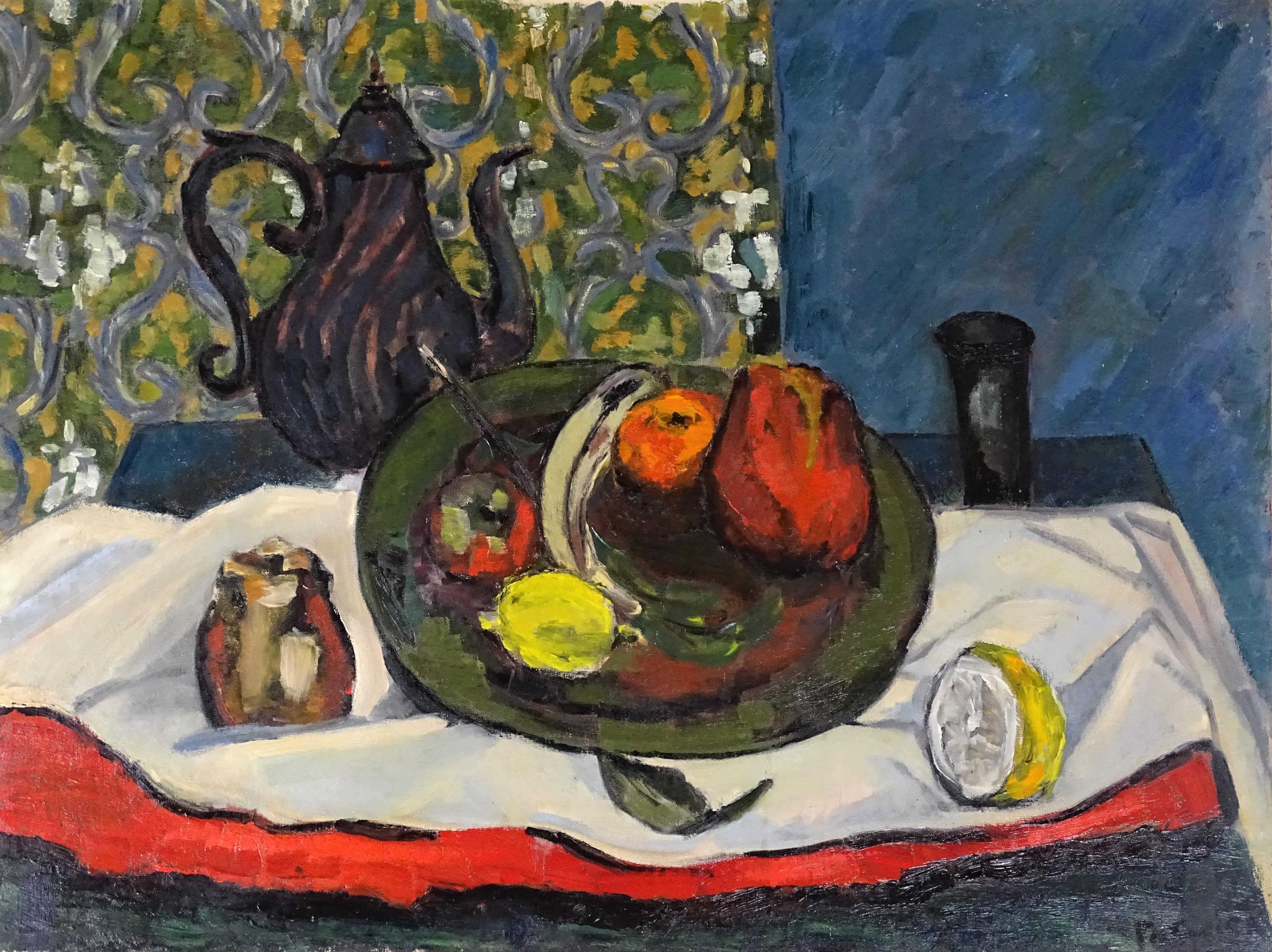 20th Century Fauves Style French School Still Life Oil on Canvas Red Yellow Blue