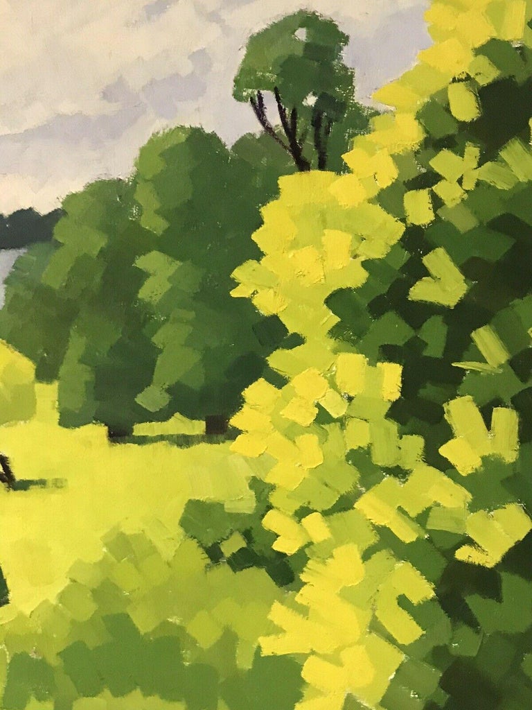 20th CENTURY FRENCH CUBIST LANDSCAPE OIL PAINTING - BRIGHT GREEN TREES & FIELDS - Painting by Unknown