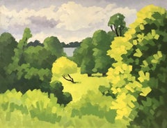 20th CENTURY FRENCH CUBIST LANDSCAPE OIL PAINTING - BRIGHT GREEN TREES & FIELDS