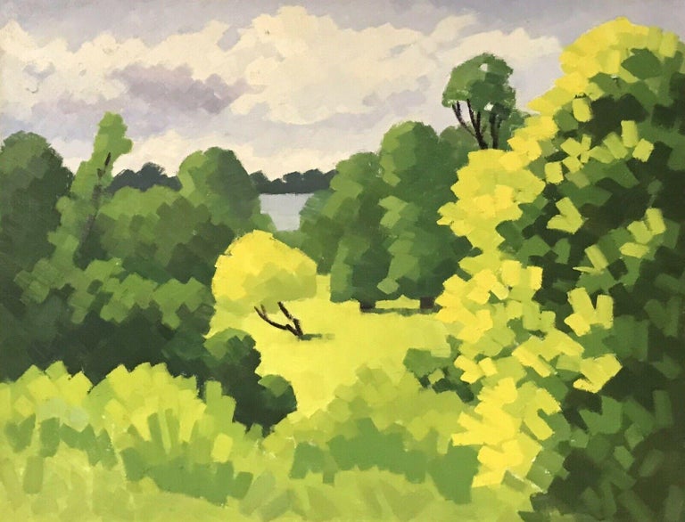 Unknown Landscape Painting - 20th CENTURY FRENCH CUBIST LANDSCAPE OIL PAINTING - BRIGHT GREEN TREES & FIELDS