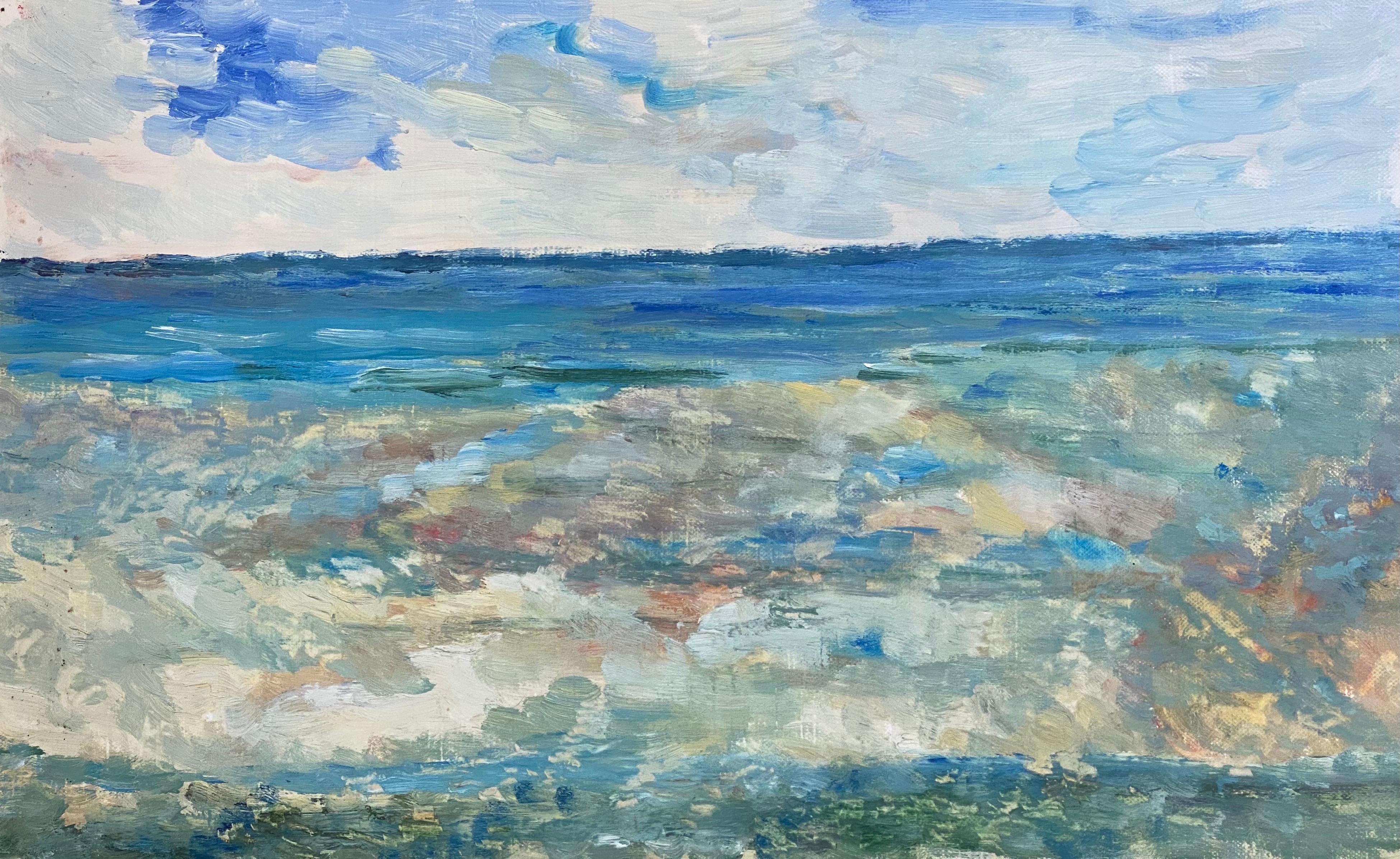 Landscape Painting Unknown - Peinture à l'huile impressionniste française du 20e siècle - mers bleues et fraîches