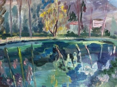 20th Century French Impressionist Oil Painting Summer Lake Green Teal Colors
