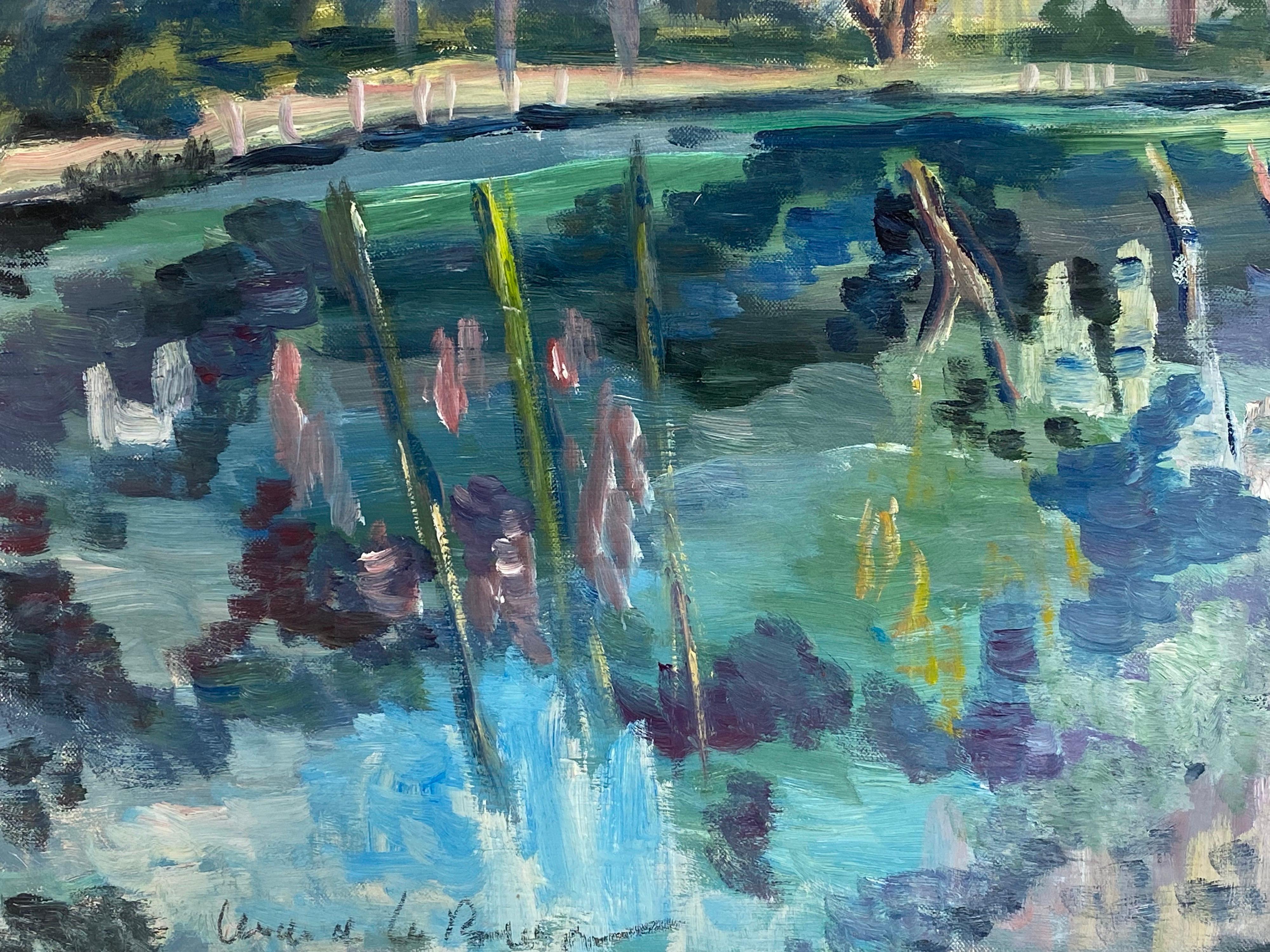 Pittura a olio impressionista francese del XX secolo Lago d'estate Colori verde acqua - Painting Impressionismo di Unknown