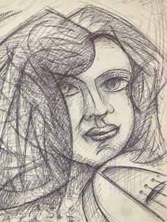 20th Century French Modernist Biro Drawning Of Woman Playing The Violin