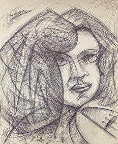 20th Century French Modernist Biro Drawning Of Woman Playing The Violin