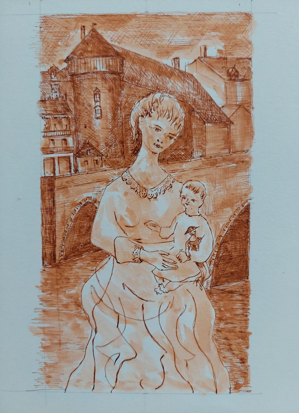 Sepia ink and watercolor study of a mother holding a child against a backdrop of a town bridge
by Bernard Labbe (French mid 20th century)
original sepia ink and watercolor on paper
image size: 6.25 x 3.5 inches
sheet overall: 11.75 x 8.25
