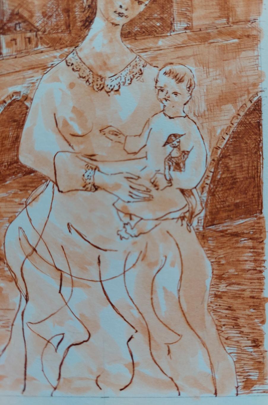 20th Century French Modernist Cubist Painting, Mother and Child For Sale 1