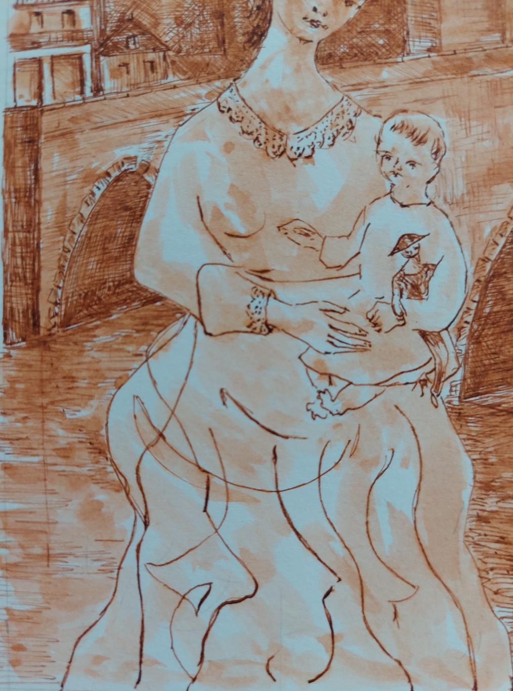 20th Century French Modernist Cubist Painting, Mother and Child For Sale 3