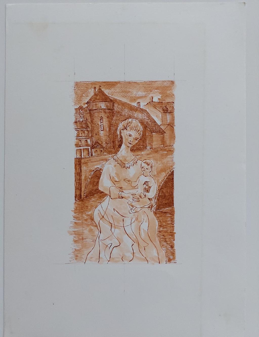 20th Century French Modernist Cubist Painting, Mother and Child For Sale 6