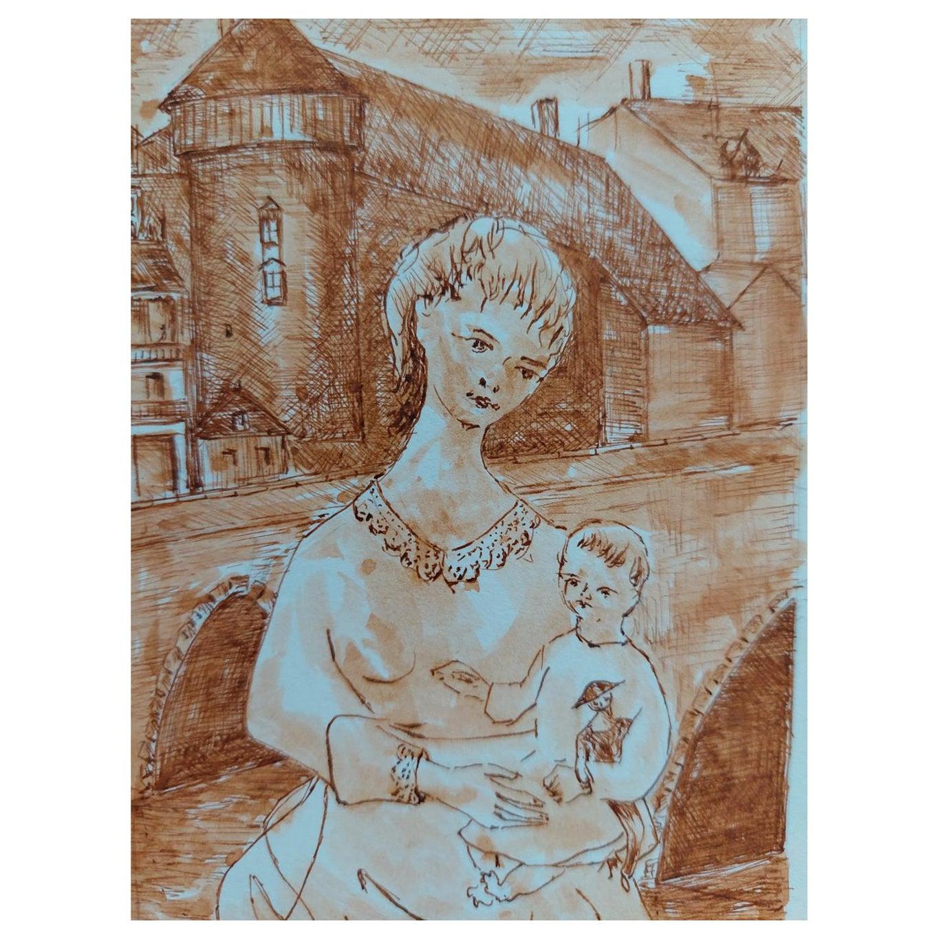 Unknown Figurative Painting - 20th Century French Modernist Cubist Painting, Mother and Child