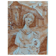 20th Century French Modernist Cubist Painting, Mother and Child