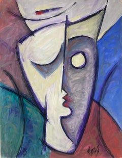 20th Century French Modernist Gouache Painting Black And White Distorted Faces