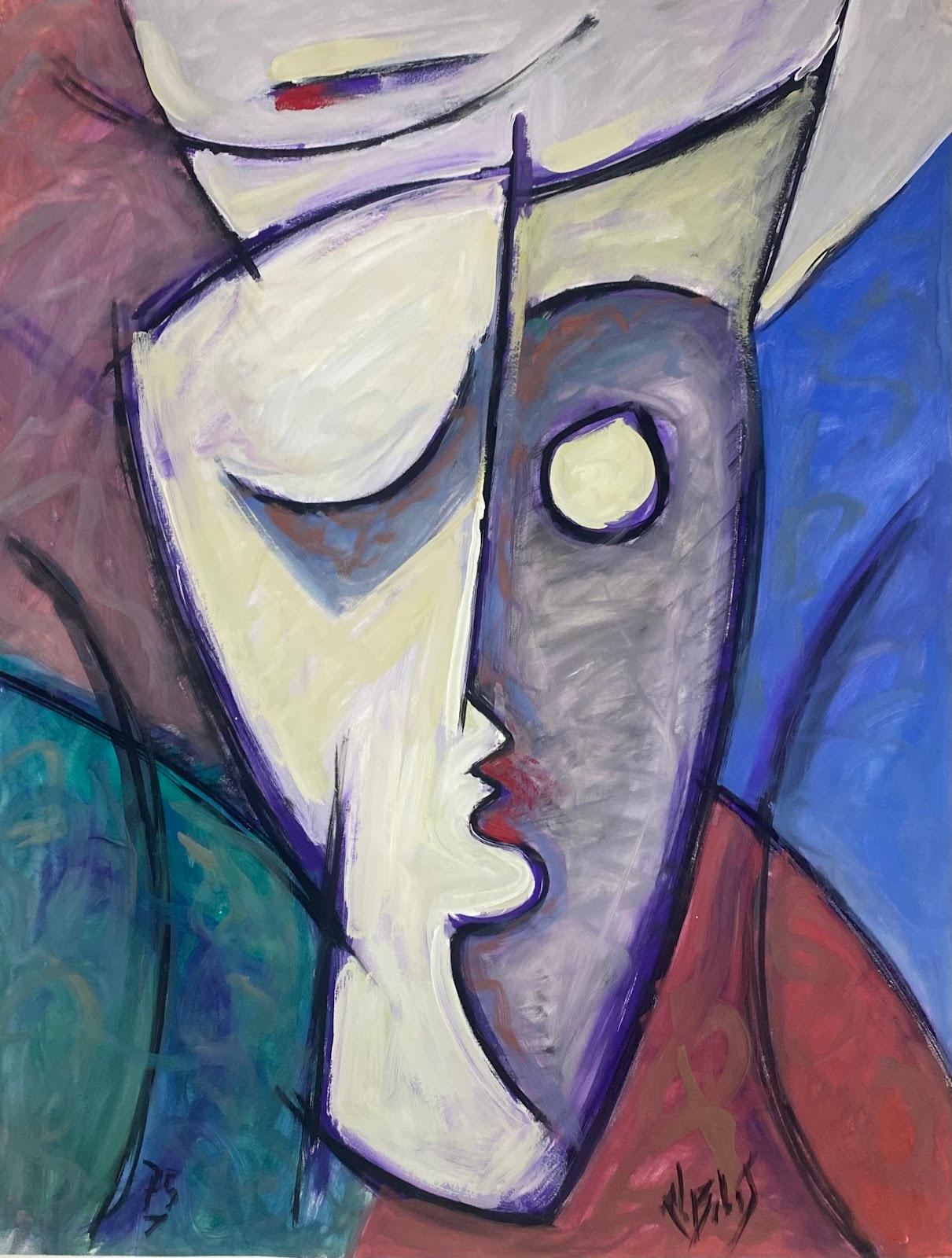 Unknown Figurative Painting - 20th Century French Modernist Gouache Painting Black And White Distorted Faces 