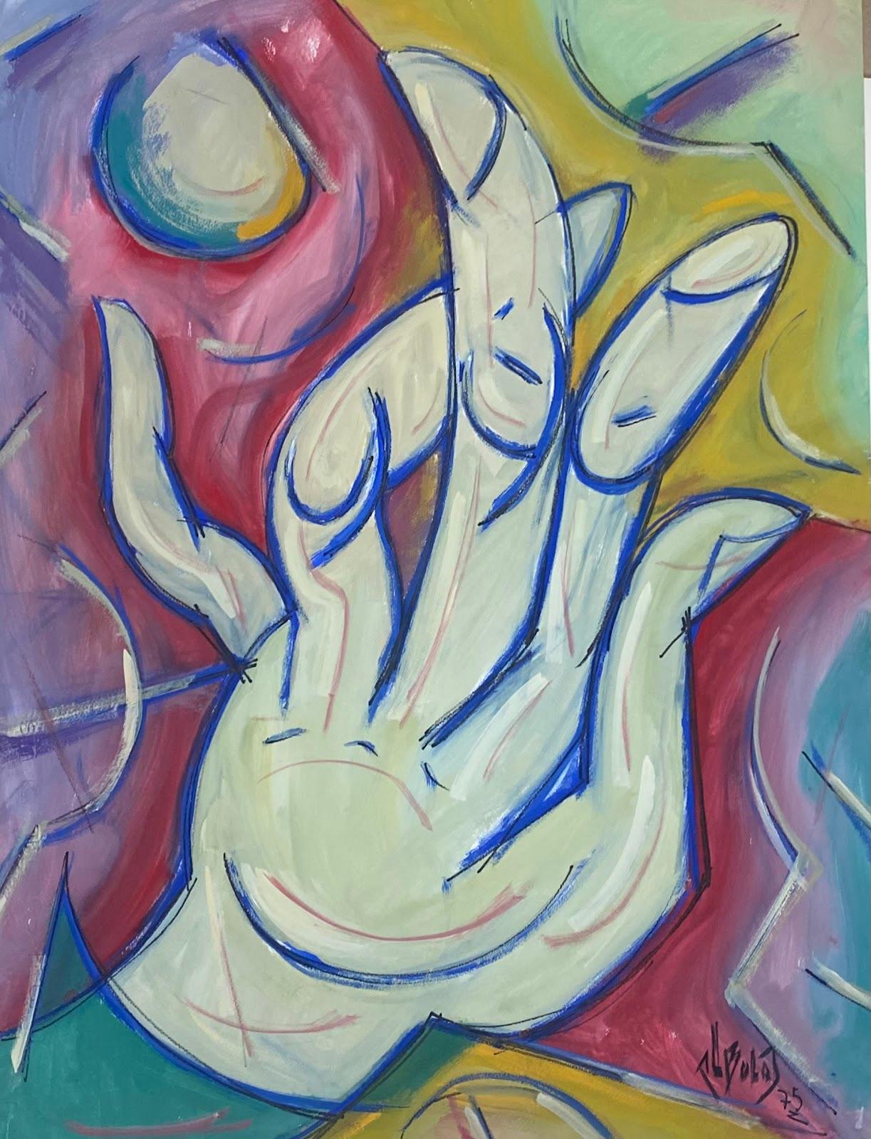 Unknown Figurative Painting - 20th Century French Modernist Gouache Painting Blue Hand