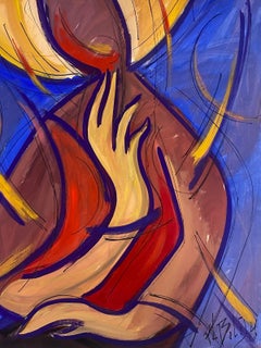 Französisches modernistisches Gouache-Gemälde des 20. Jahrhunderts, gedrechselte Figur mit gelber Hand