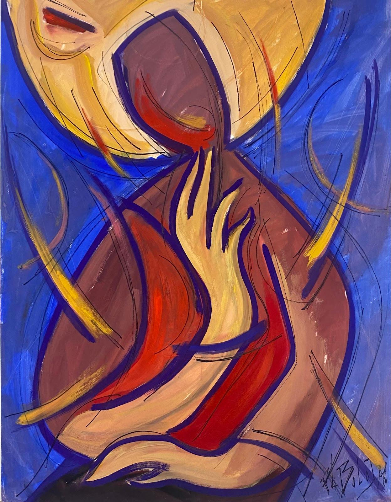 Unknown Figurative Painting - 20th Century French Modernist Gouache Painting Distorted Figure With Yellow Hand