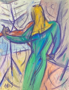 Französisches modernistisches Gouache-Gemälde einer Dame in grünem Kleid, die Violine spielt, 20. Jahrhundert
