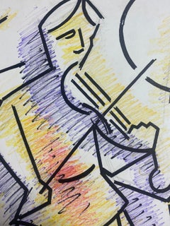 20th Century French Modernist Gouache Painting Man Playing The Violin