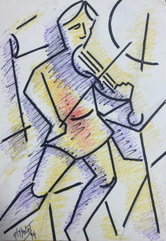 20th Century French Modernist Gouache Painting Man Playing The Violin