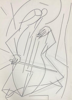 20th Century French Modernist Gouache Painting Monochrome Musician With Cello