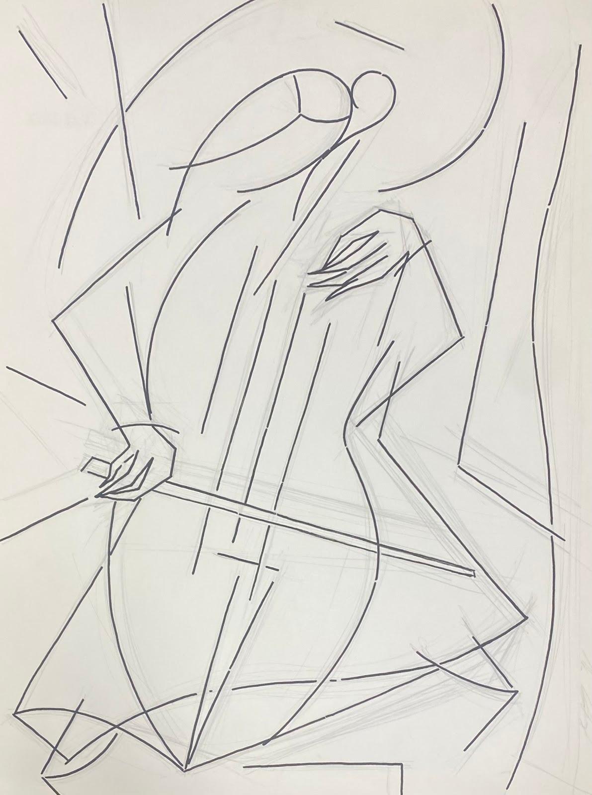 Unknown Figurative Painting - 20th Century French Modernist Gouache Painting Monochrome Musician With Cello