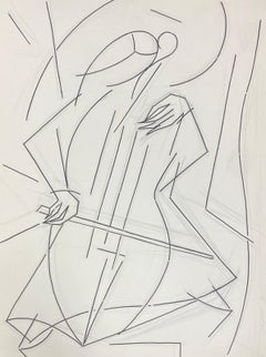 20th Century French Modernist Gouache Painting Monochrome Musician With Cello