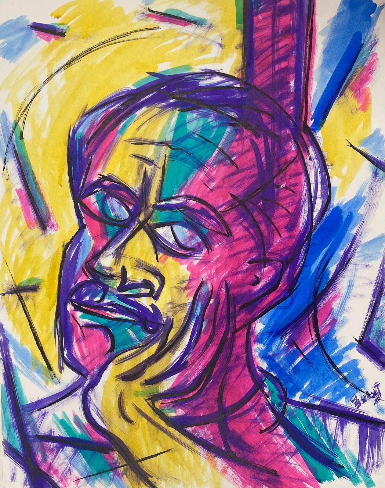 Unknown Figurative Painting - 20th Century French Modernist Gouache Painting Pink And Purple Portrait 