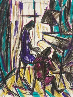 Peinture à la gouache moderniste française du 20e siècle représentant des femmes jouant au rose et au violet