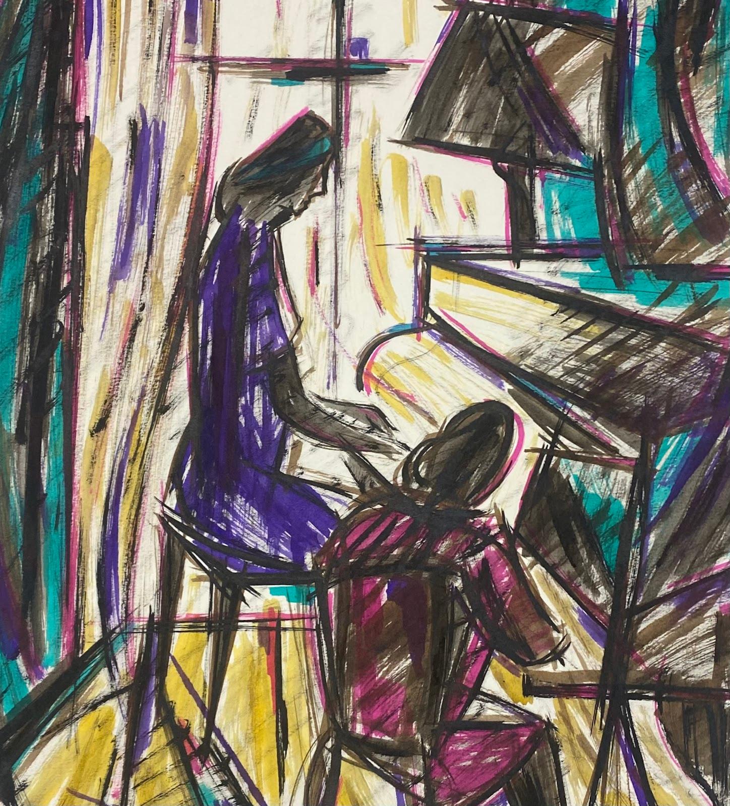 Unknown Figurative Painting - 20th Century French Modernist Gouache Painting Pink And Purple Women Playing
