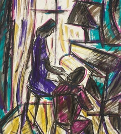 20th Century French Modernist Gouache Painting Pink And Purple Women Playing