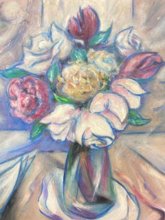 20th Century French Modernist Gouache Painting Pink And Red Tulips In Clear Vase