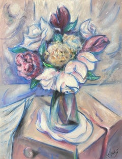 Peinture à la gouache moderniste française du 20e siècle Tulipes roses et rouges dans un vase transparent