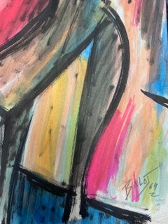 20th Century French Modernist Gouache Painting Pink And Yellow Women With Violin