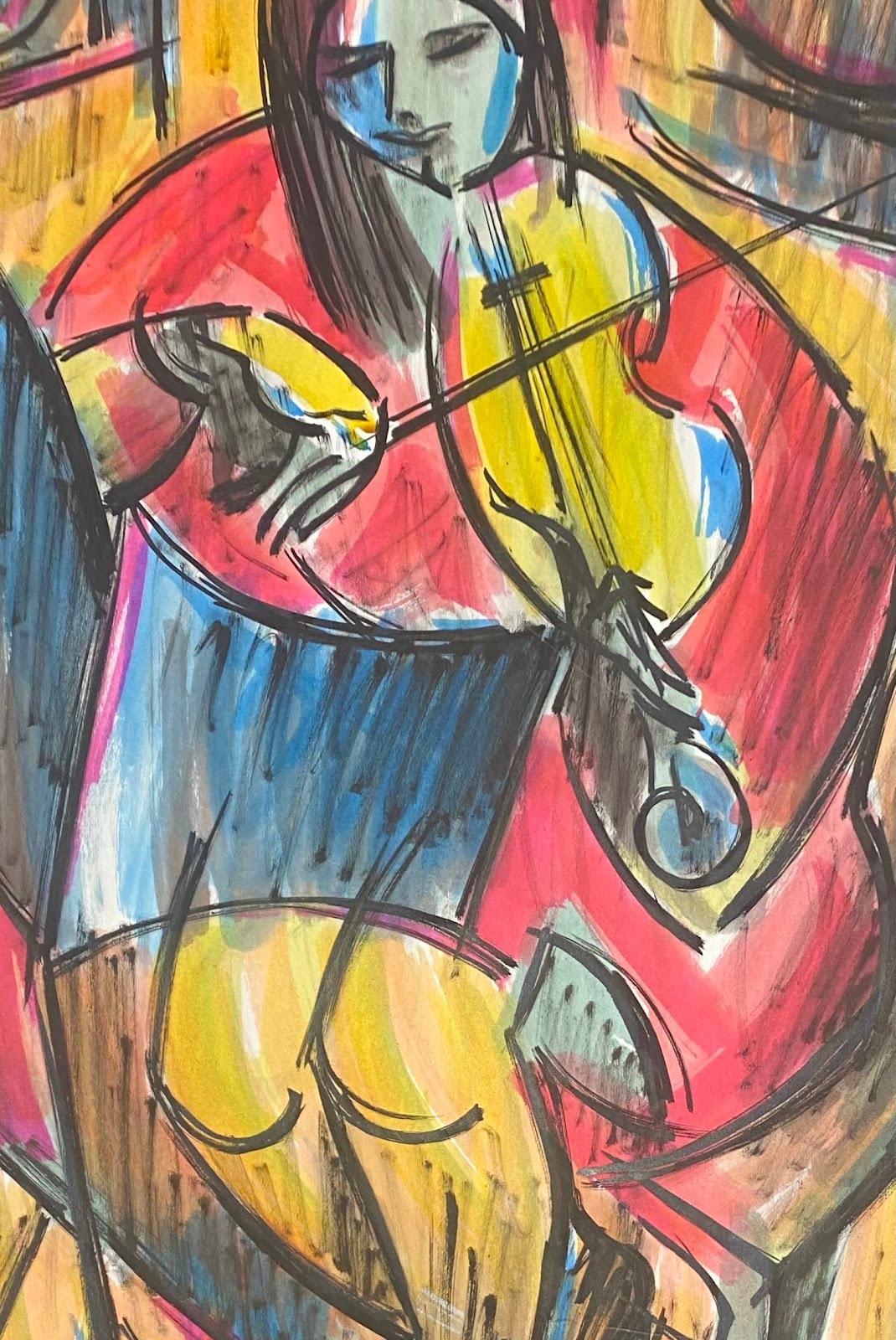 Unknown Figurative Painting - 20th Century French Modernist Gouache Painting Pink And Yellow Women With Violin