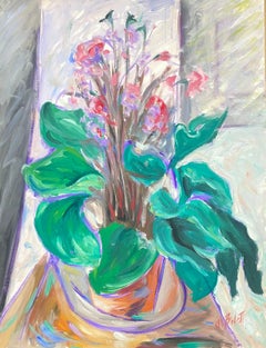 20th Century French Modernist Gouache Painting Pink Orchids